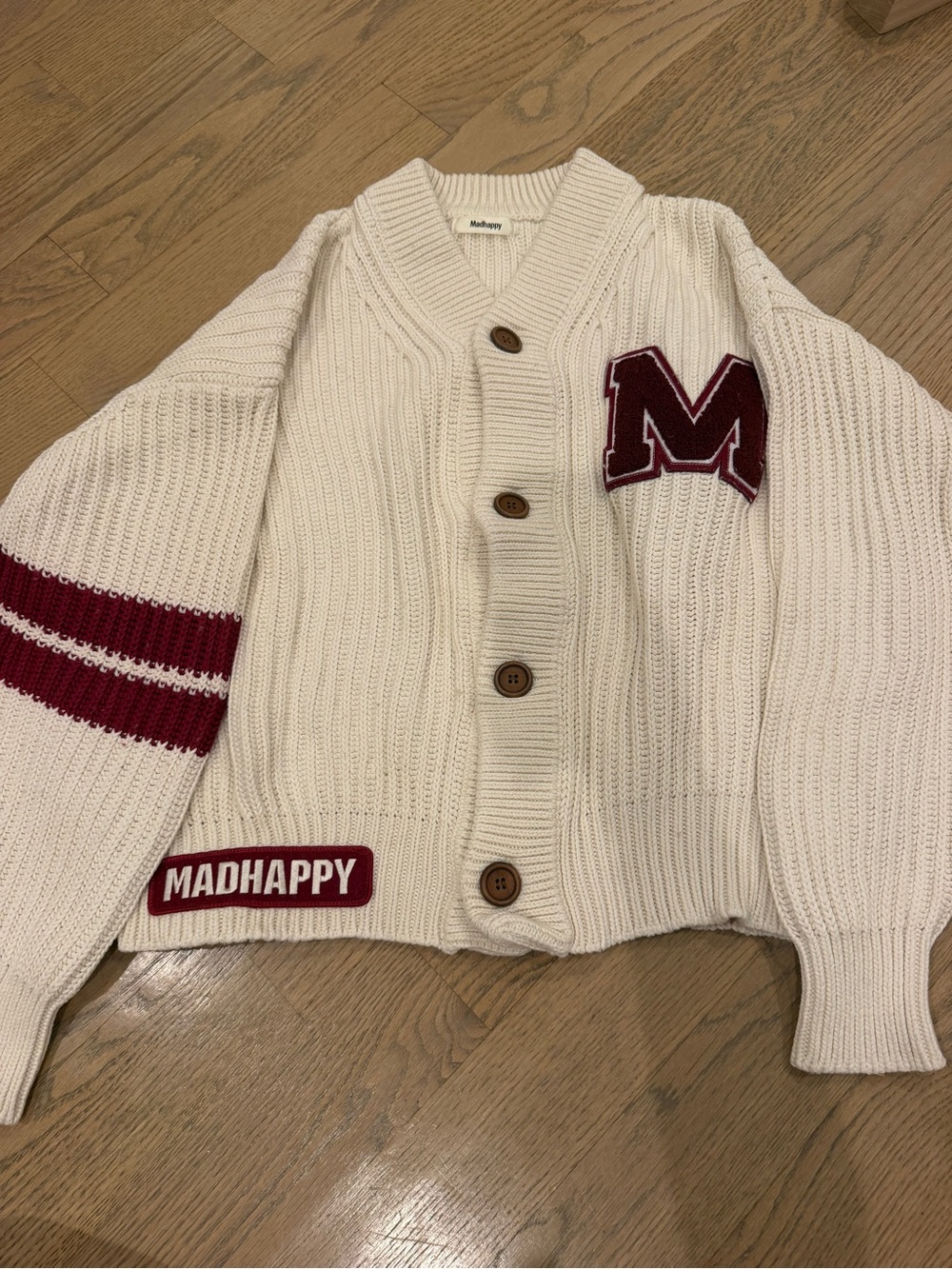 Madhappy Cream Cardigan Sweater with Maroon Lettering and Stripes